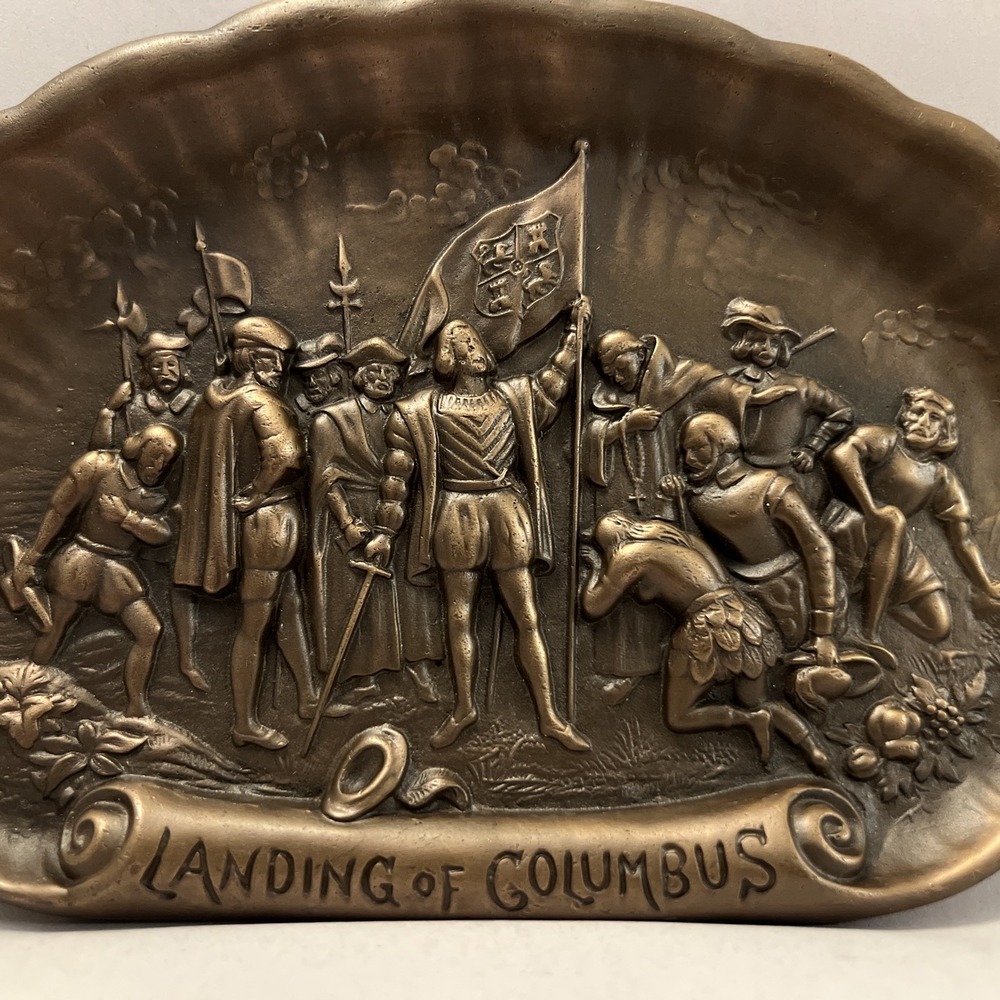 Antique c.1890 Solid Bronze Landing Of Columbus Plaque Tray Wall Decor 8x5"